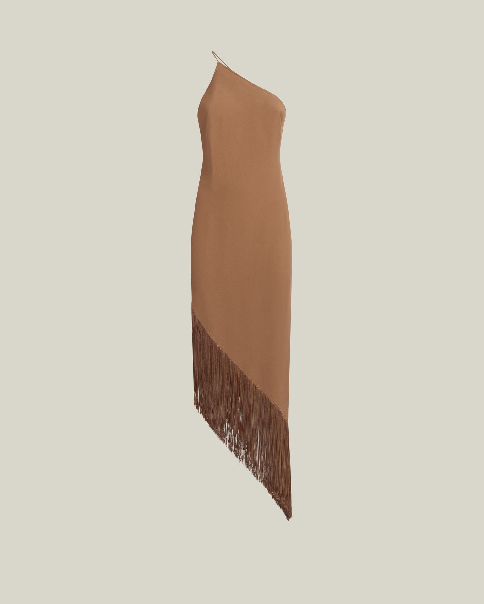 Antelope Dress in Camel - Crepe cady asymmetrical fringed hem dress