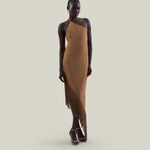 Antelope Dress in Camel - Crepe cady asymmetrical fringed hem dress