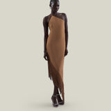 Antelope Dress in Camel - Crepe cady asymmetrical fringed hem dress