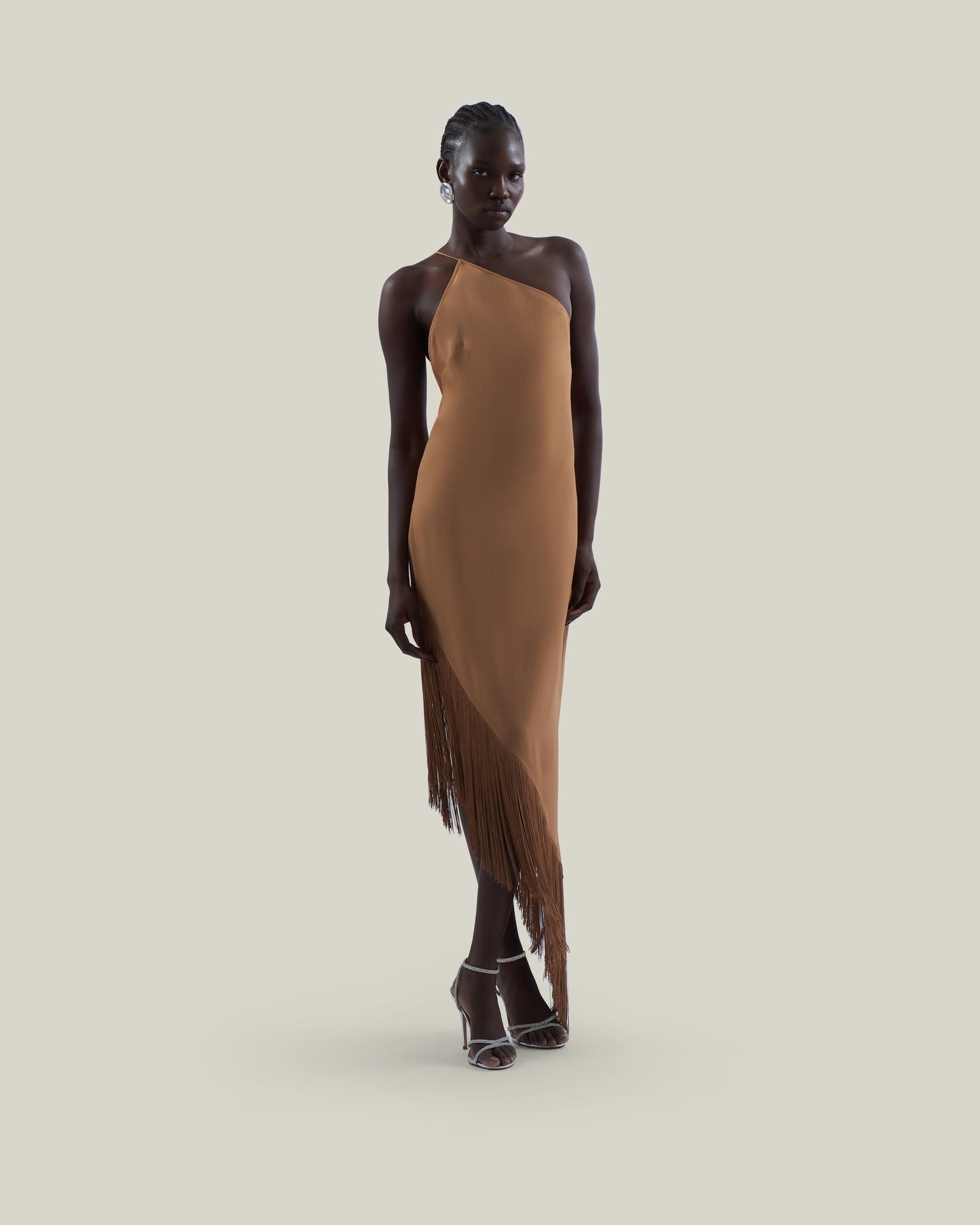 Antelope Dress in Camel - Crepe cady asymmetrical fringed hem dress
