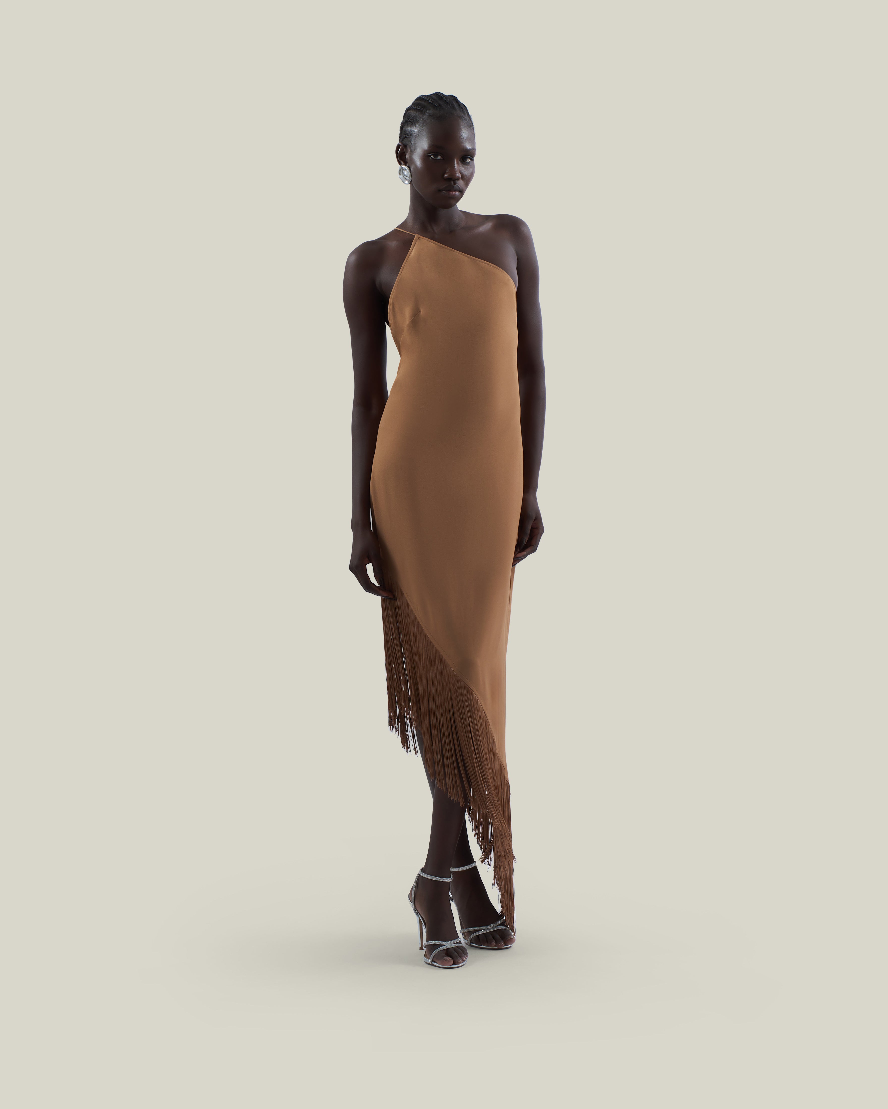 Antelope Dress in Camel - Crepe cady asymmetrical fringed hem dress
