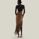 Antelope Dress in Camel - Crepe cady asymmetrical fringed hem dress