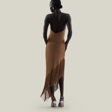 Antelope Dress in Camel - Crepe cady asymmetrical fringed hem dress