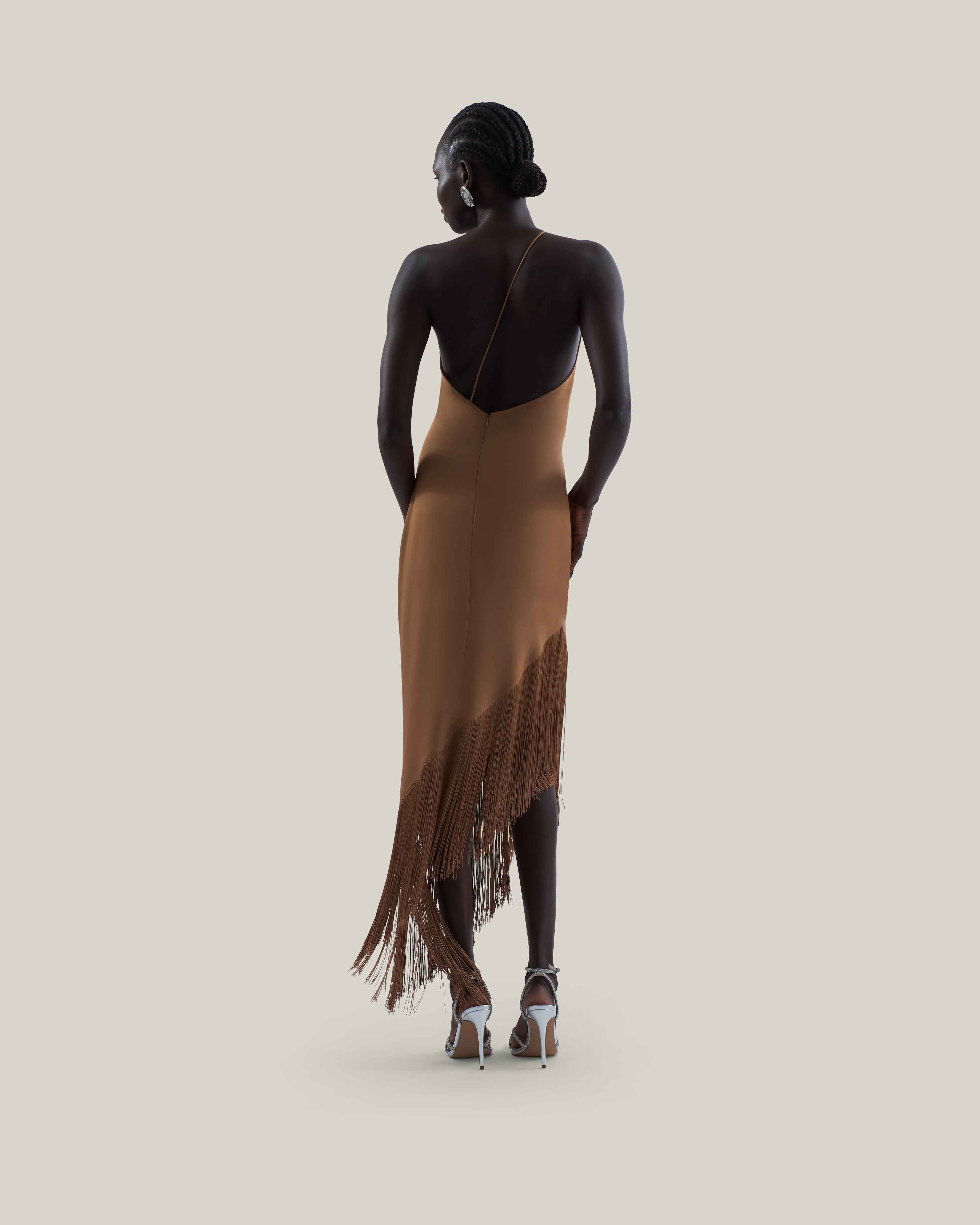 Antelope Dress in Camel - Crepe cady asymmetrical fringed hem dress