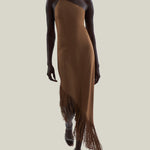 Antelope Dress in Camel - Crepe cady asymmetrical fringed hem dress
