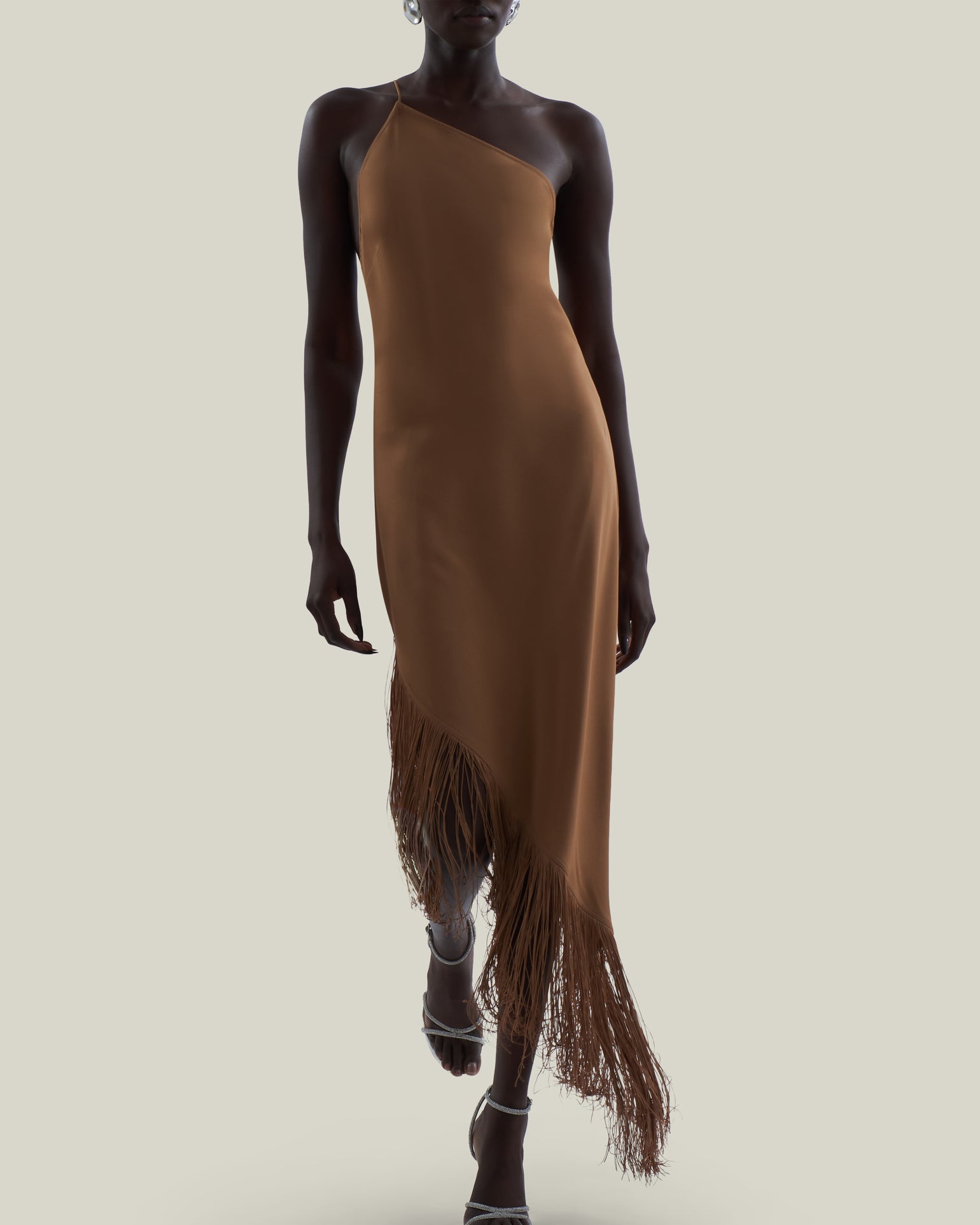 Antelope Dress in Camel - Crepe cady asymmetrical fringed hem dress