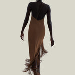 Antelope Dress in Camel - Crepe cady asymmetrical fringed hem dress