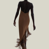 Antelope Dress in Camel - Crepe cady asymmetrical fringed hem dress