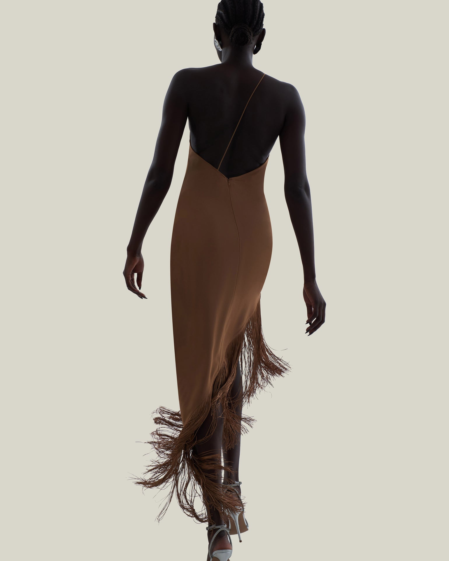 Antelope Dress in Camel - Crepe cady asymmetrical fringed hem dress