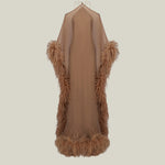 Feathered Sza Sza Spirito Kaftan in Camel - Crepe chiffon halter neck feathered kaftan with dettached stretch crepe cady slip dress