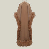 Feathered Sza Sza Spirito Kaftan in Camel - Crepe chiffon halter neck feathered kaftan with dettached stretch crepe cady slip dress