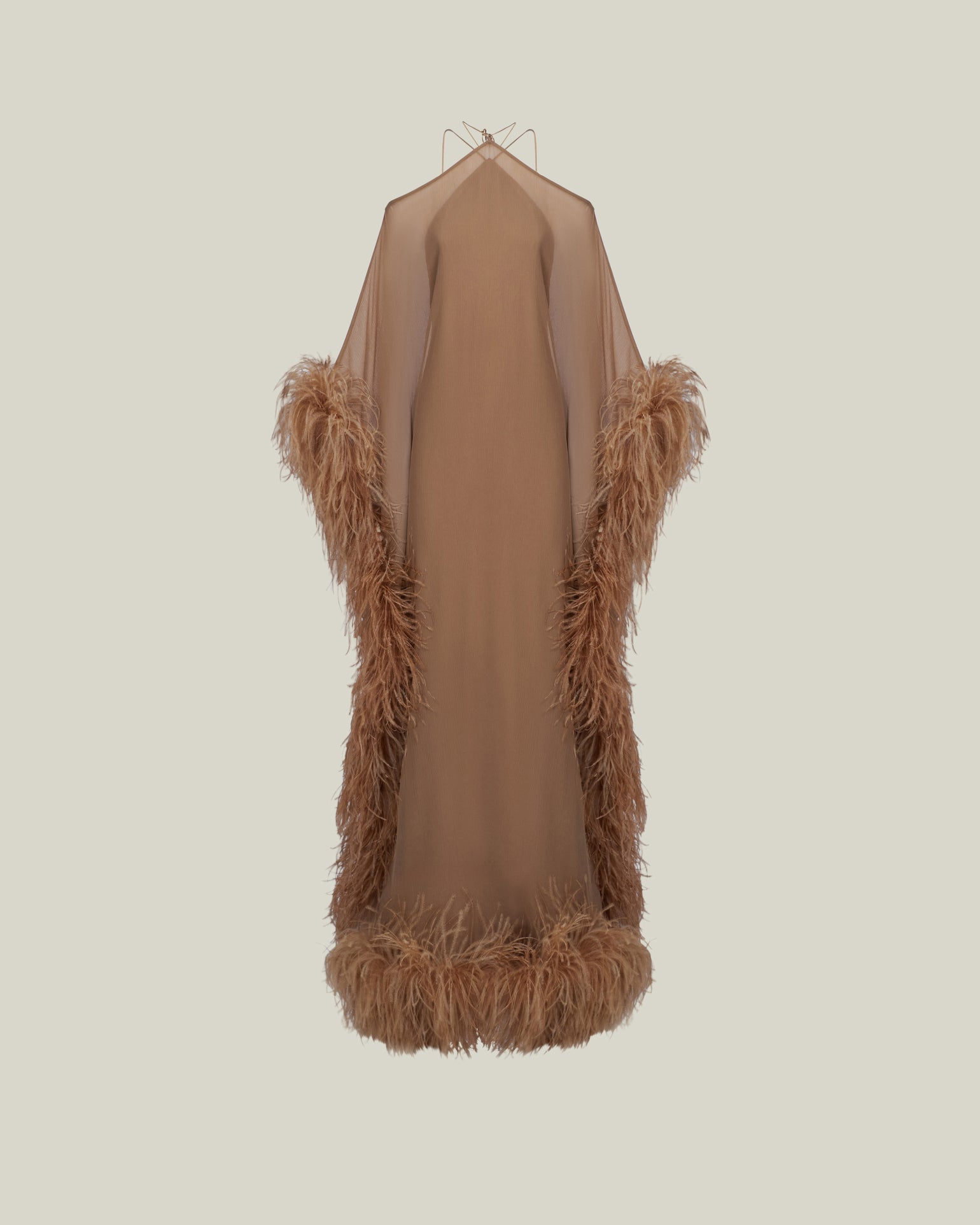 Feathered Sza Sza Spirito Kaftan in Camel - Crepe chiffon halter neck feathered kaftan with dettached stretch crepe cady slip dress