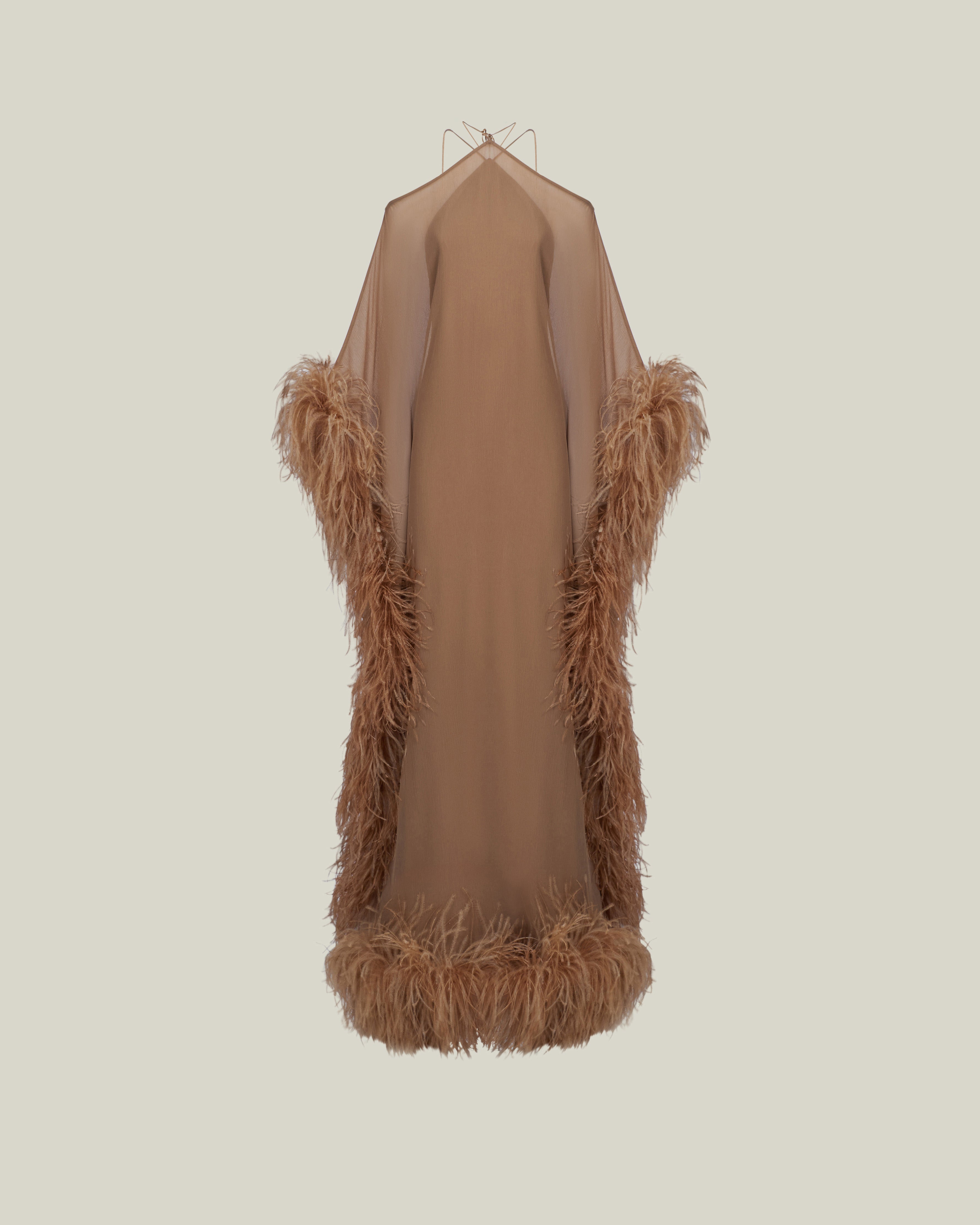 Feathered Sza Sza Spirito Kaftan in Camel - Crepe chiffon halter neck feathered kaftan with dettached stretch crepe cady slip dress