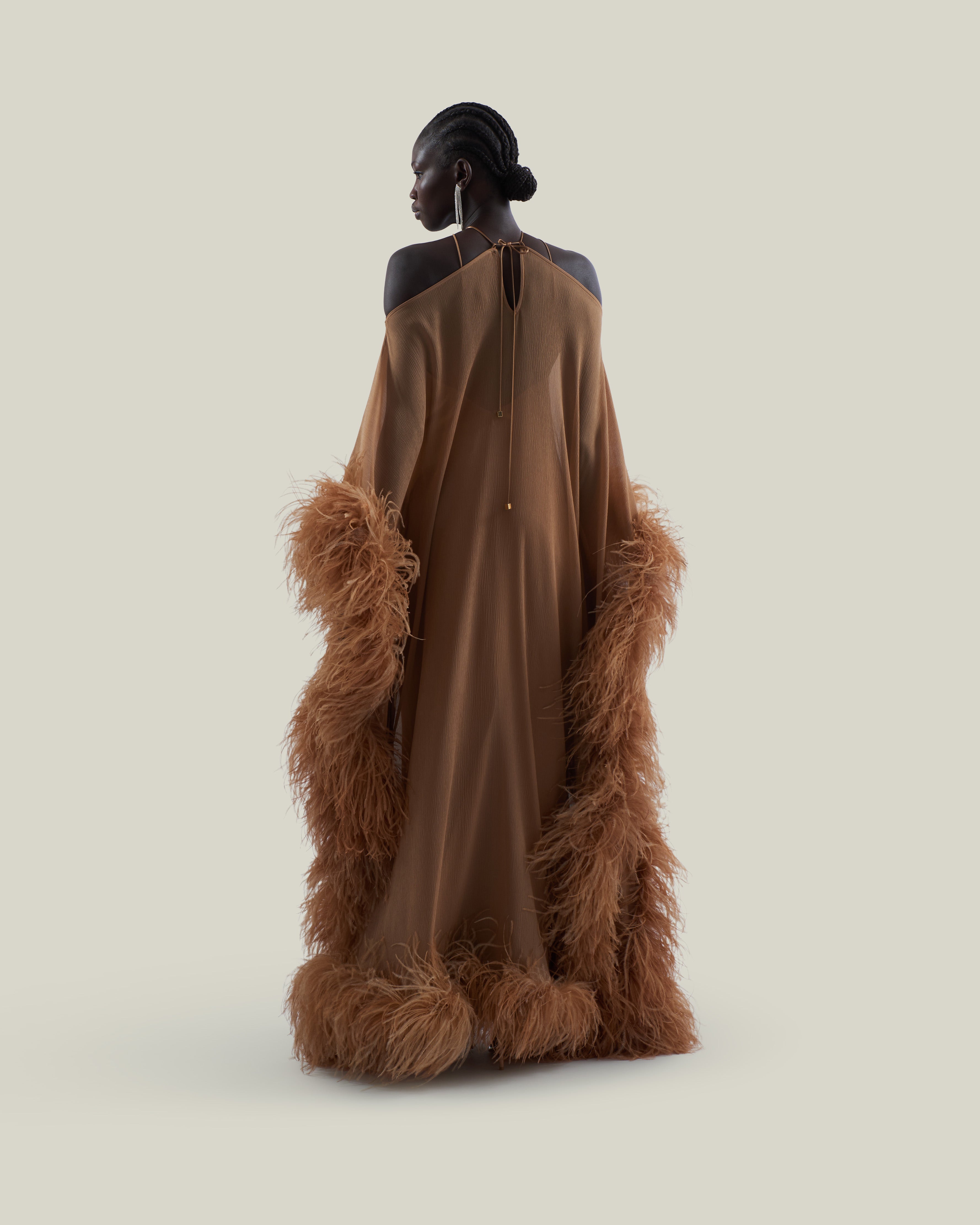 Feathered Sza Sza Spirito Kaftan in Camel - Crepe chiffon halter neck feathered kaftan with dettached stretch crepe cady slip dress