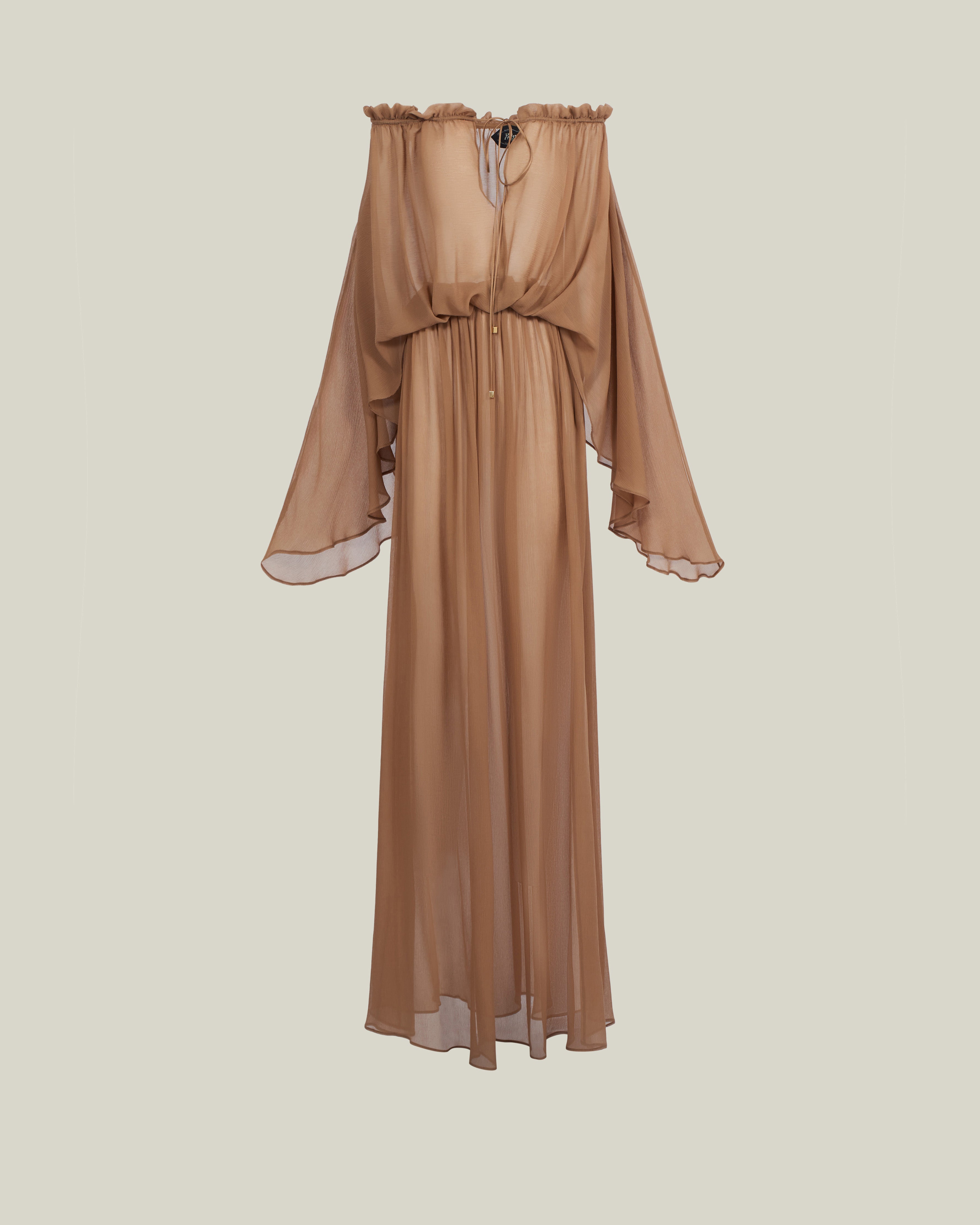 Ouarzazate Dress in Camel - Crepe chiffon off-shoulders maxi see-through dress