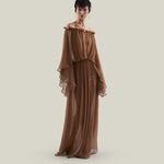 Ouarzazate Dress in Camel - Crepe chiffon off-shoulders maxi see-through dress