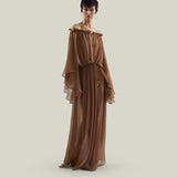 Ouarzazate Dress in Camel - Crepe chiffon off-shoulders maxi see-through dress