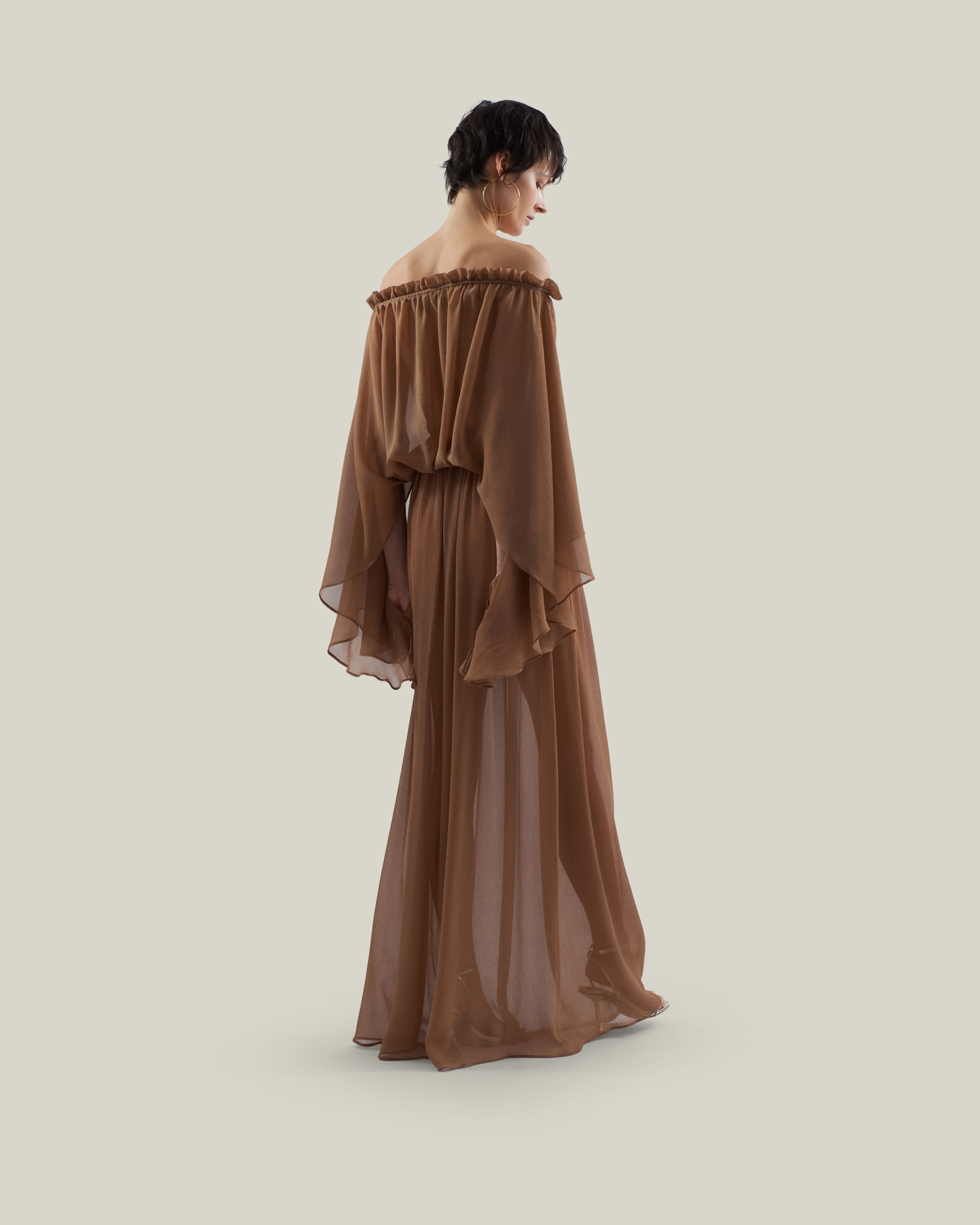 Ouarzazate Dress in Camel - Crepe chiffon off-shoulders maxi see-through dress