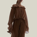 Ouarzazate Dress in Camel - Crepe chiffon off-shoulders maxi see-through dress