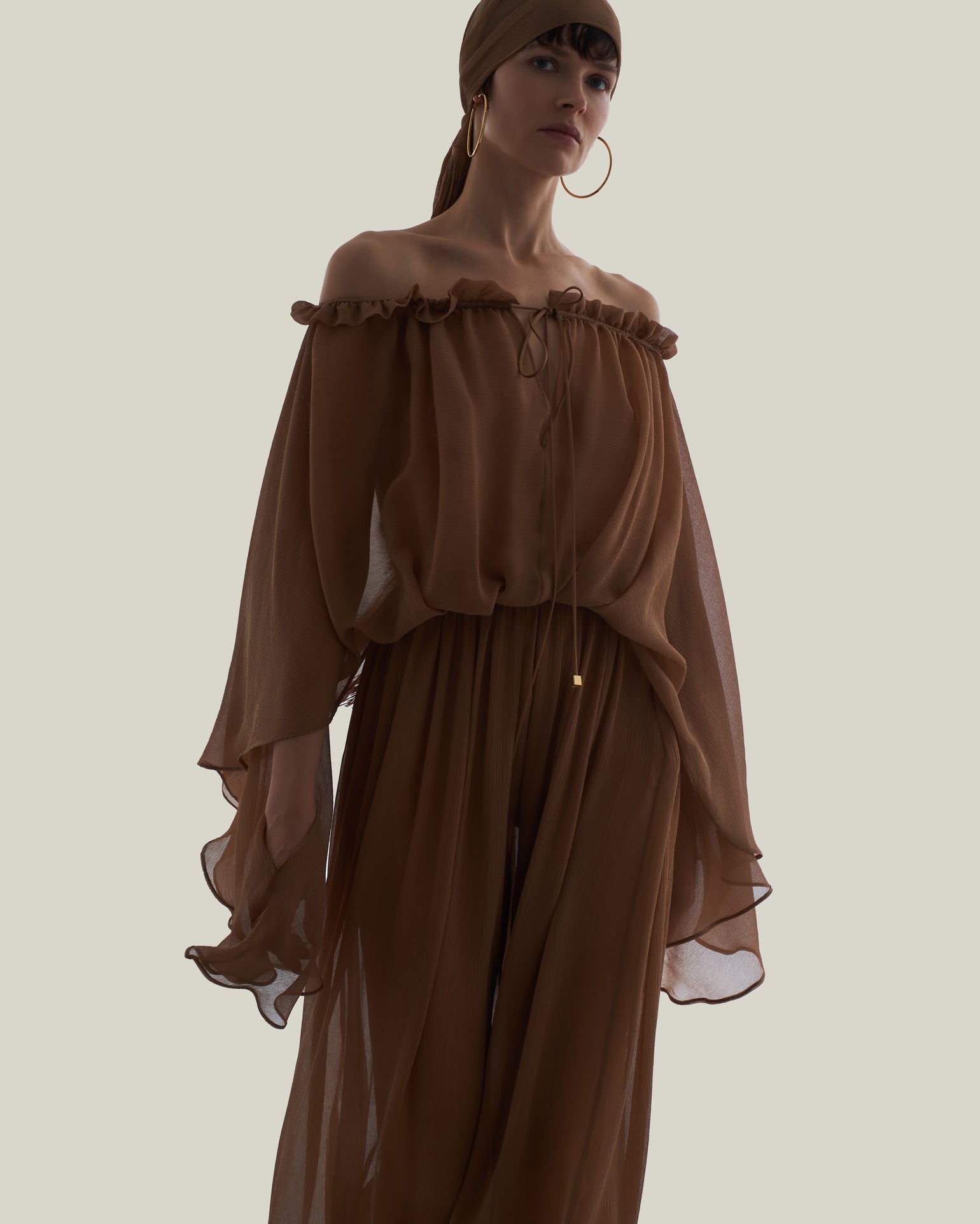 Ouarzazate Dress in Camel - Crepe chiffon off-shoulders maxi see-through dress