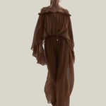Ouarzazate Dress in Camel - Crepe chiffon off-shoulders maxi see-through dress