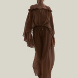 Ouarzazate Dress in Camel - Crepe chiffon off-shoulders maxi see-through dress