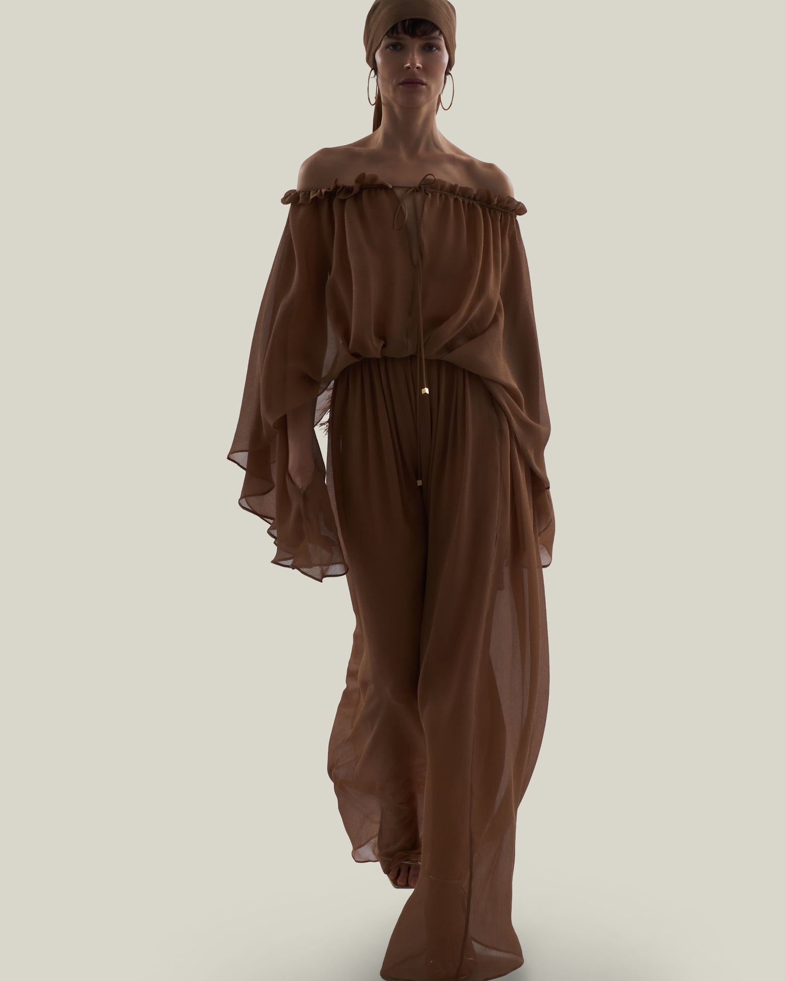 Ouarzazate Dress in Camel - Crepe chiffon off-shoulders maxi see-through dress
