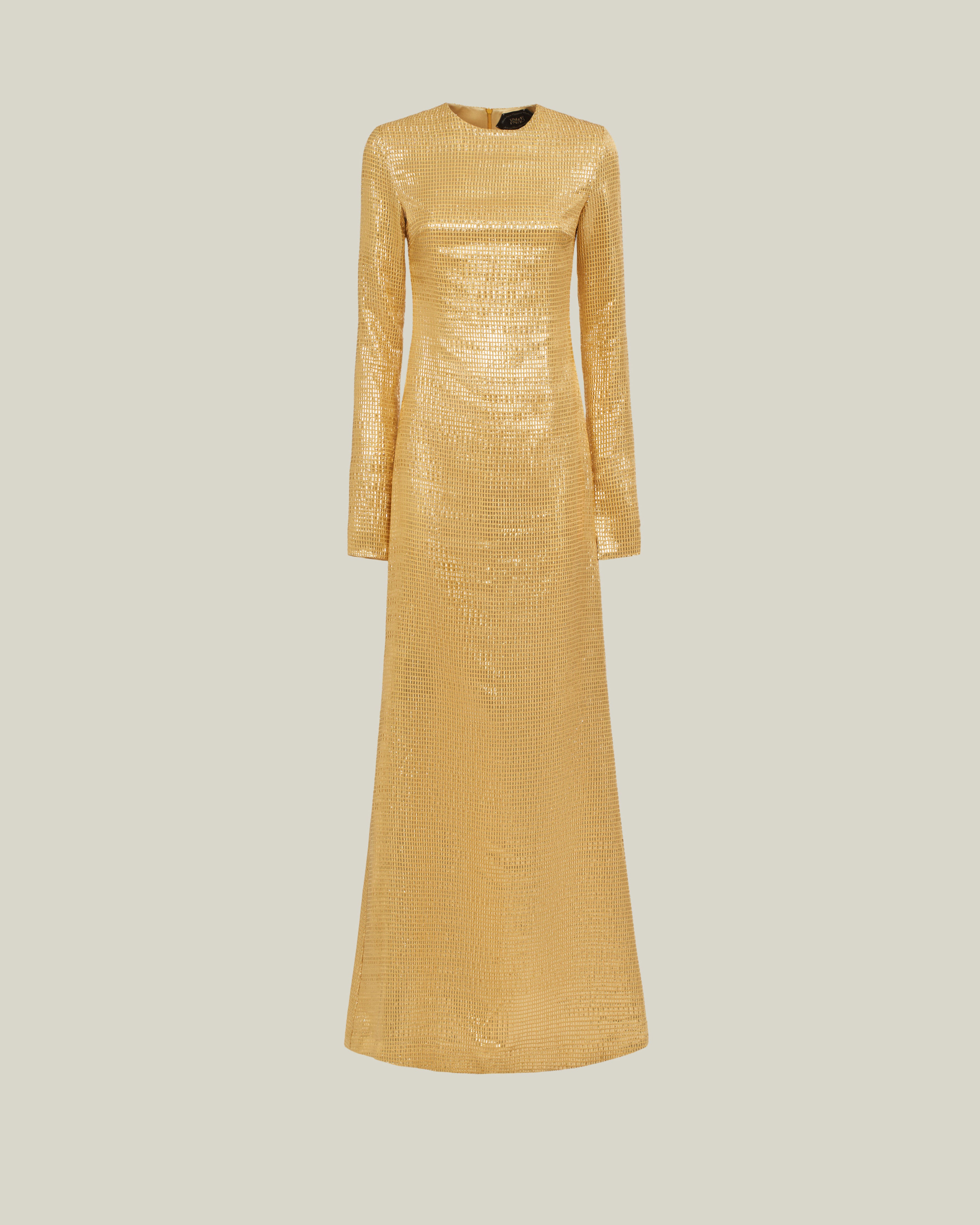 Sonora Dress in Antique Gold - Tree-dimensional lurex fil coupè long sleeved maxi dress
