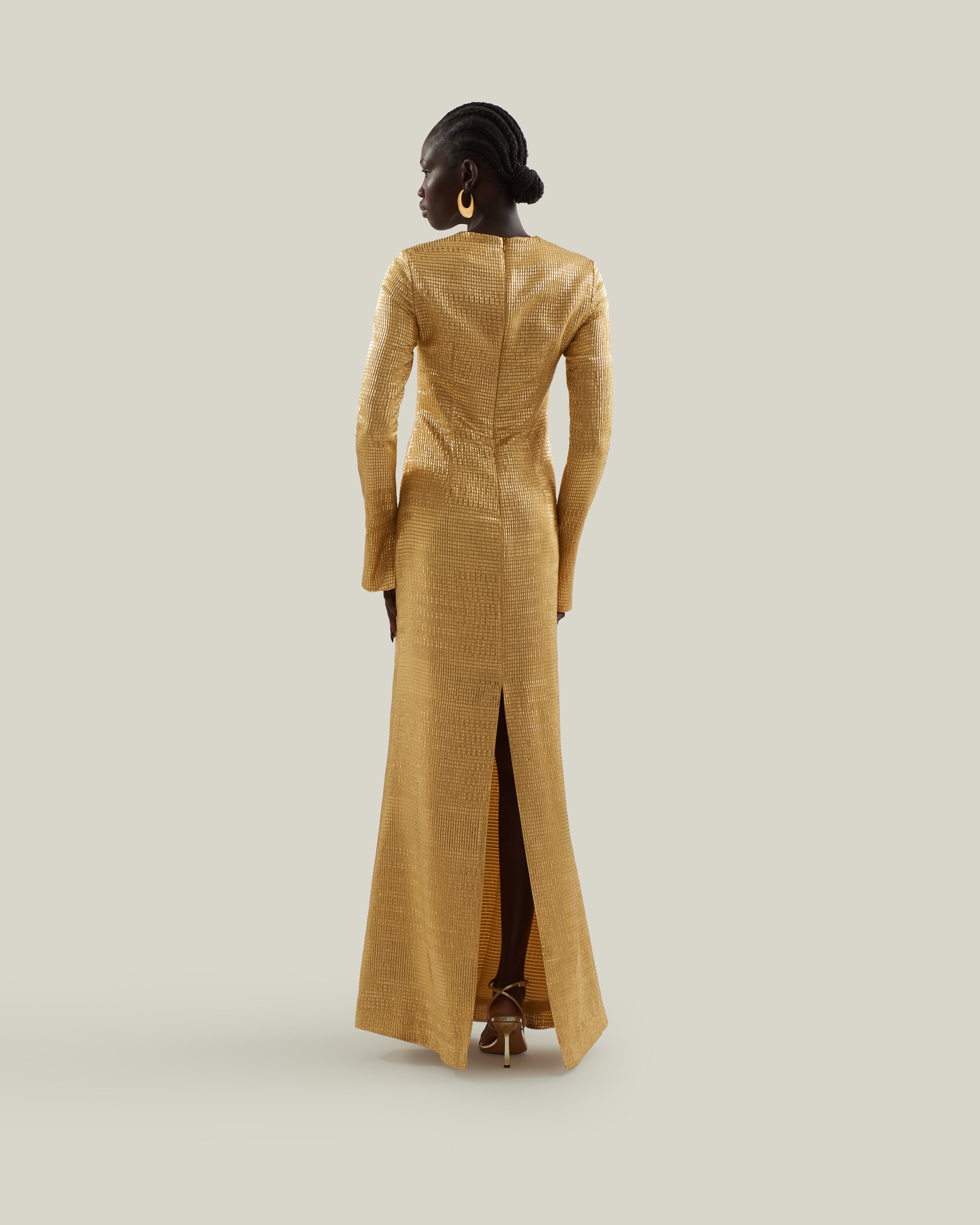 Sonora Dress in Antique Gold - Tree-dimensional lurex fil coupè long sleeved maxi dress