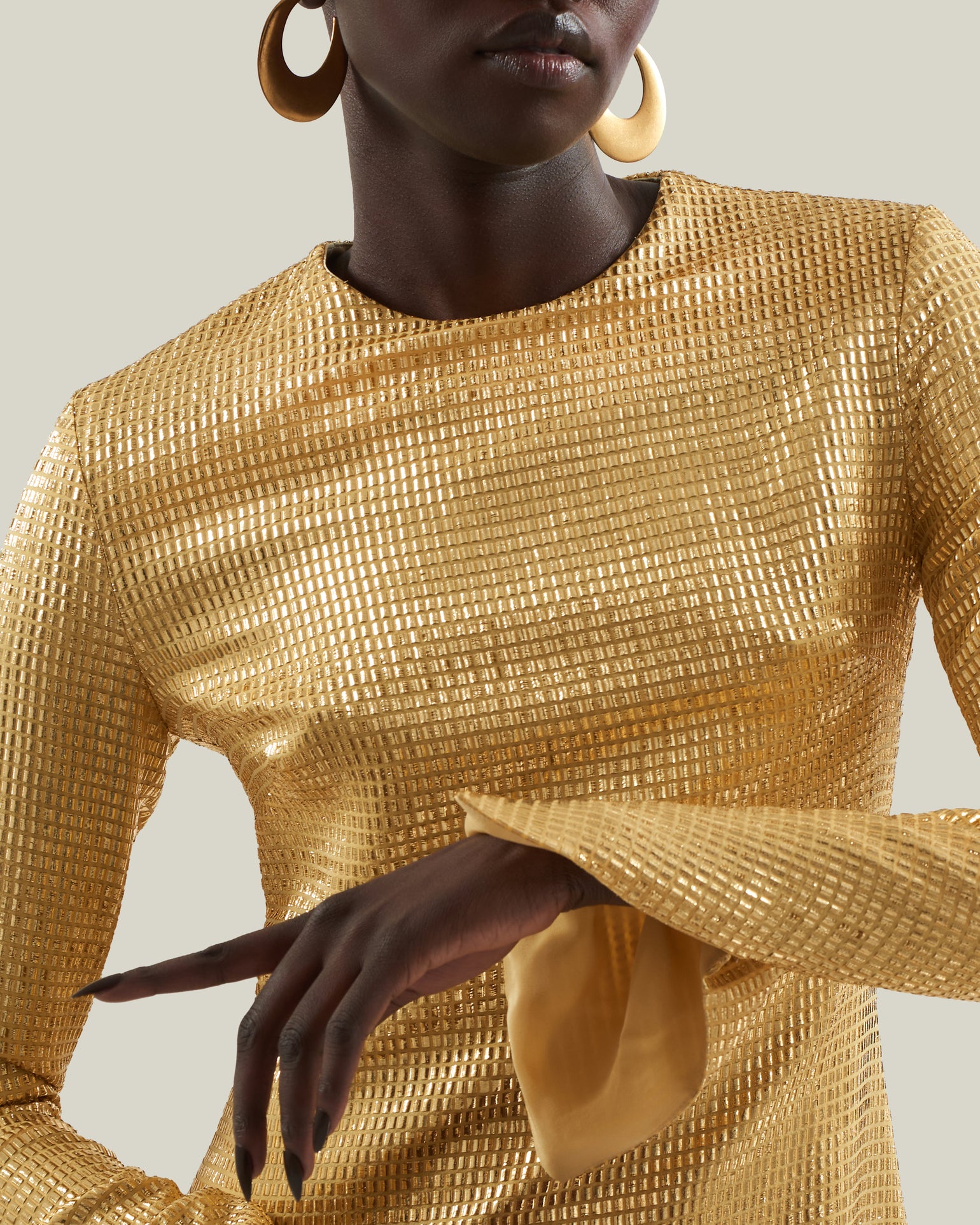 Sonora Dress in Antique Gold - Tree-dimensional lurex fil coupè long sleeved maxi dress