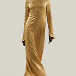 Sonora Dress in Antique Gold - Tree-dimensional lurex fil coupè long sleeved maxi dress