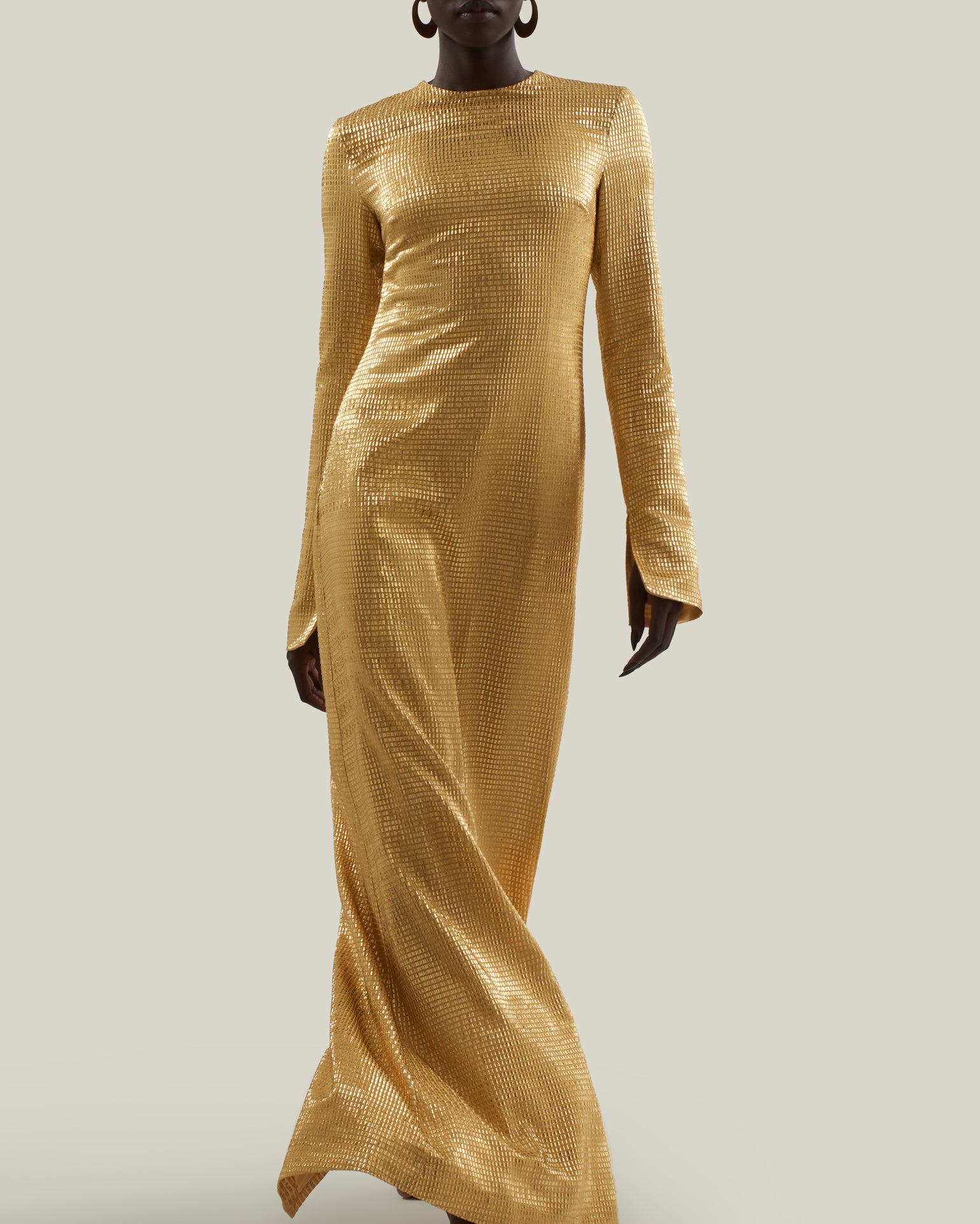 Sonora Dress in Antique Gold - Tree-dimensional lurex fil coupè long sleeved maxi dress