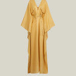 Mojave Kaftan in Antique Gold - Three-dimensional lurex pin stripe laced-up neckline belted kaftan with pockets