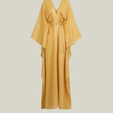 Mojave Kaftan in Antique Gold - Three-dimensional lurex pin stripe laced-up neckline belted kaftan with pockets