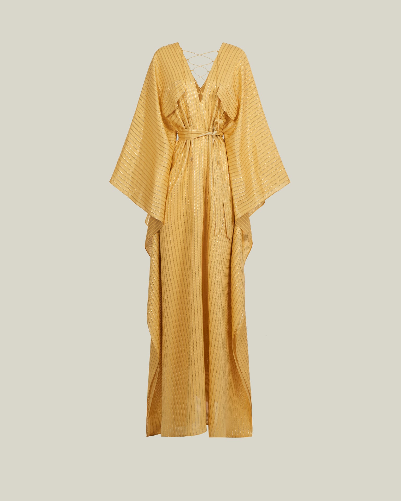 Mojave Kaftan in Antique Gold - Three-dimensional lurex pin stripe laced-up neckline belted kaftan with pockets