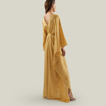 Mojave Kaftan in Antique Gold - Three-dimensional lurex pin stripe laced-up neckline belted kaftan with pockets