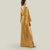 Mojave Kaftan in Antique Gold - Three-dimensional lurex pin stripe laced-up neckline belted kaftan with pockets
