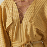 Mojave Kaftan in Antique Gold - Three-dimensional lurex pin stripe laced-up neckline belted kaftan with pockets