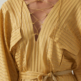 Mojave Kaftan in Antique Gold - Three-dimensional lurex pin stripe laced-up neckline belted kaftan with pockets