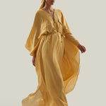 Mojave Kaftan in Antique Gold - Three-dimensional lurex pin stripe laced-up neckline belted kaftan with pockets