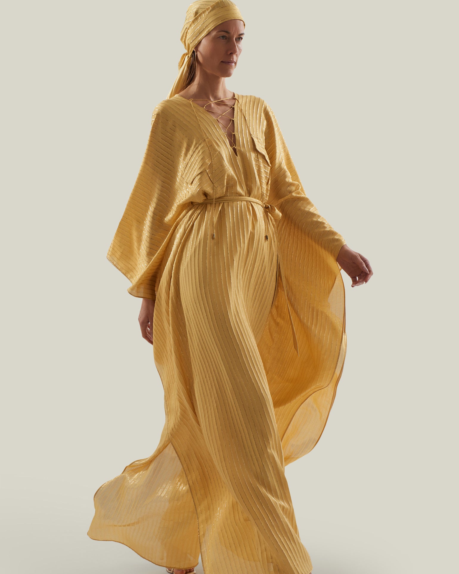 Casablanca Headscarf in Antique Gold - Three-dimensional lurex pin stripe fringed headscarf