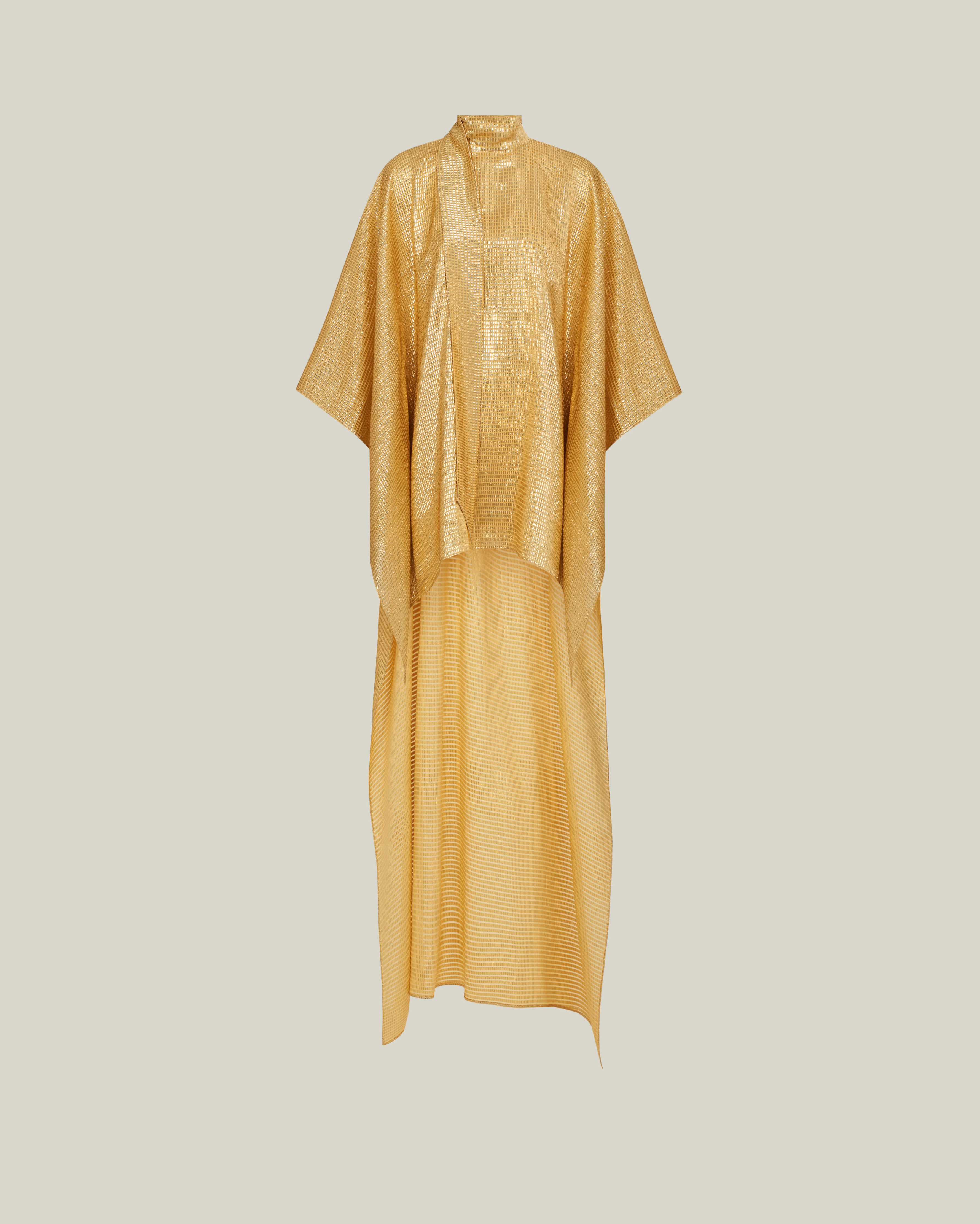 Denver Sunrise Kaftan in Antique Gold - Tree-dimensional lurex fil coupè high-neck asymmetrical short kaftan