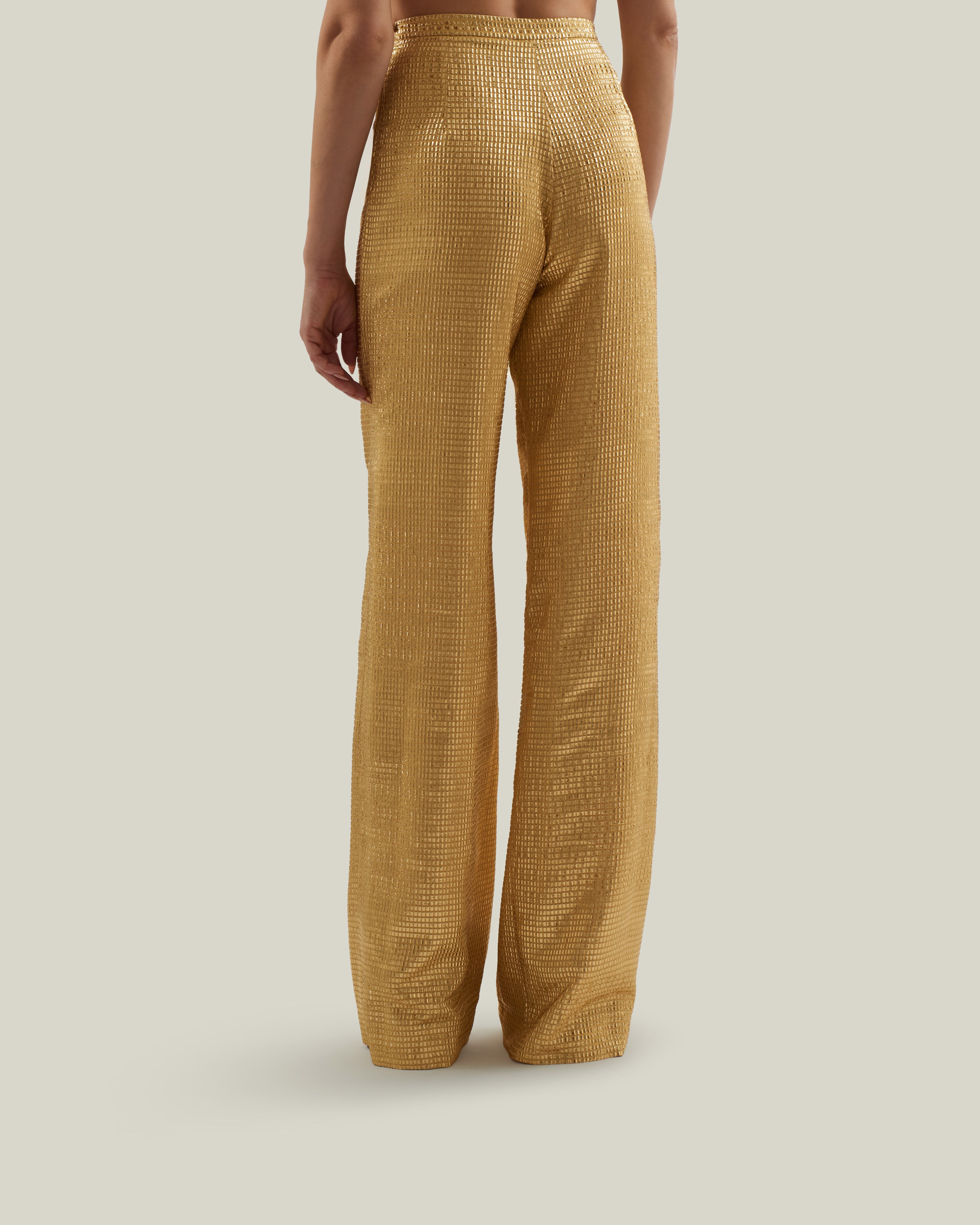 Marlene Sunrise Pants in Antique Gold - Tree-dimensional lurex fil coupè palazzo pants