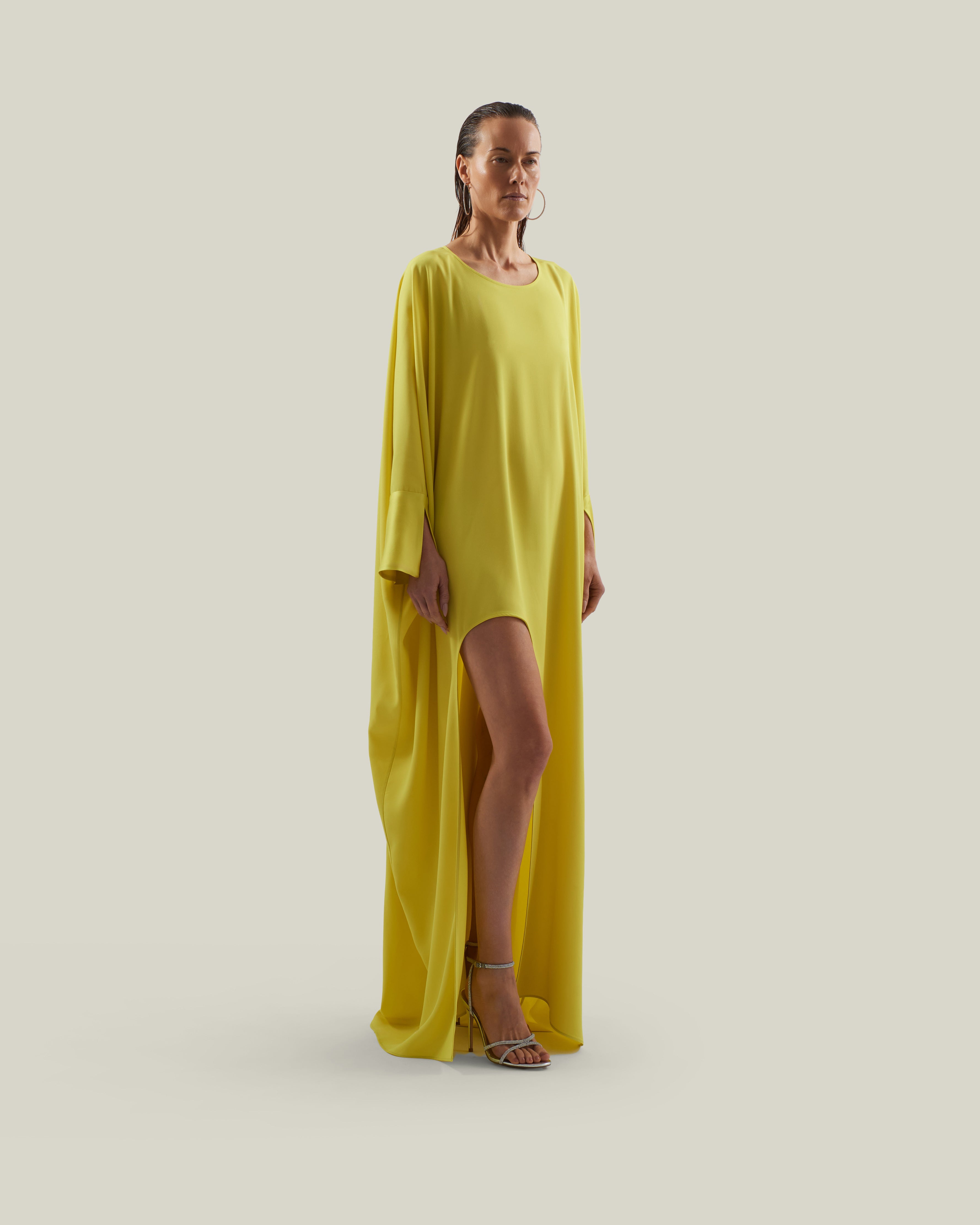 Namib Kaftan in Acid Yellow - Crepe cady maxi kaftan with high side slit and cuffs