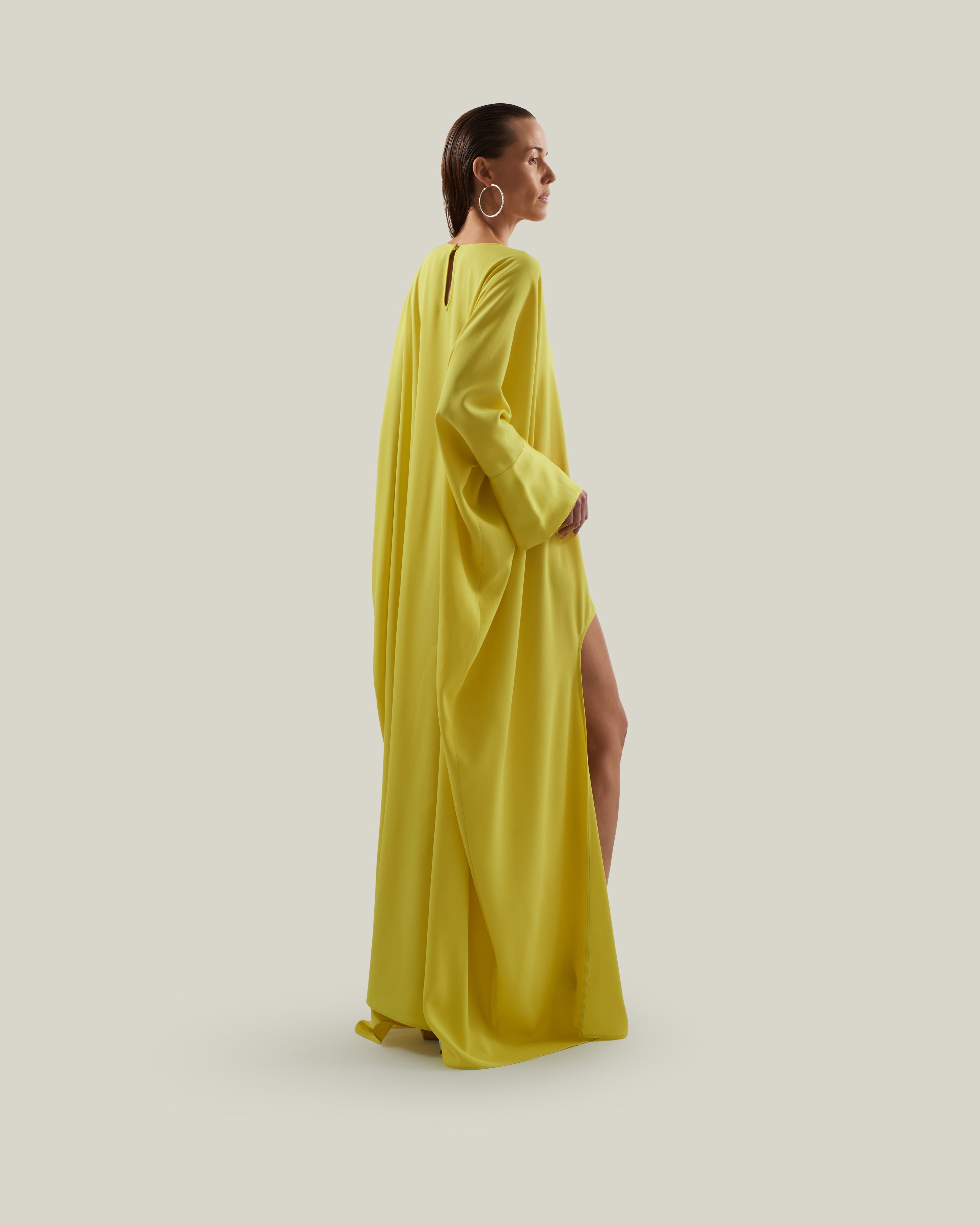 Namib Kaftan in Acid Yellow - Crepe cady maxi kaftan with high side slit and cuffs