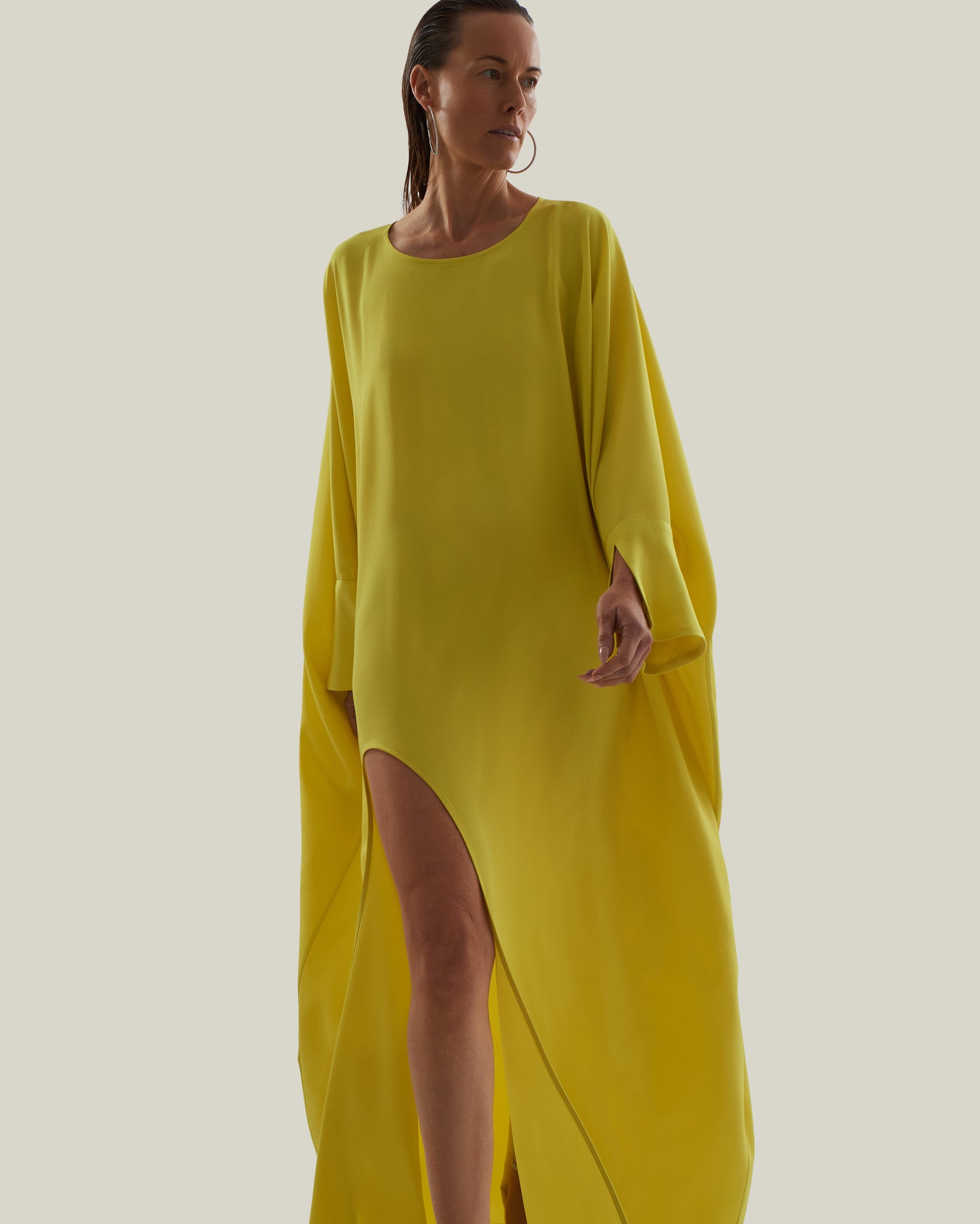 Namib Kaftan in Acid Yellow - Crepe cady maxi kaftan with high side slit and cuffs