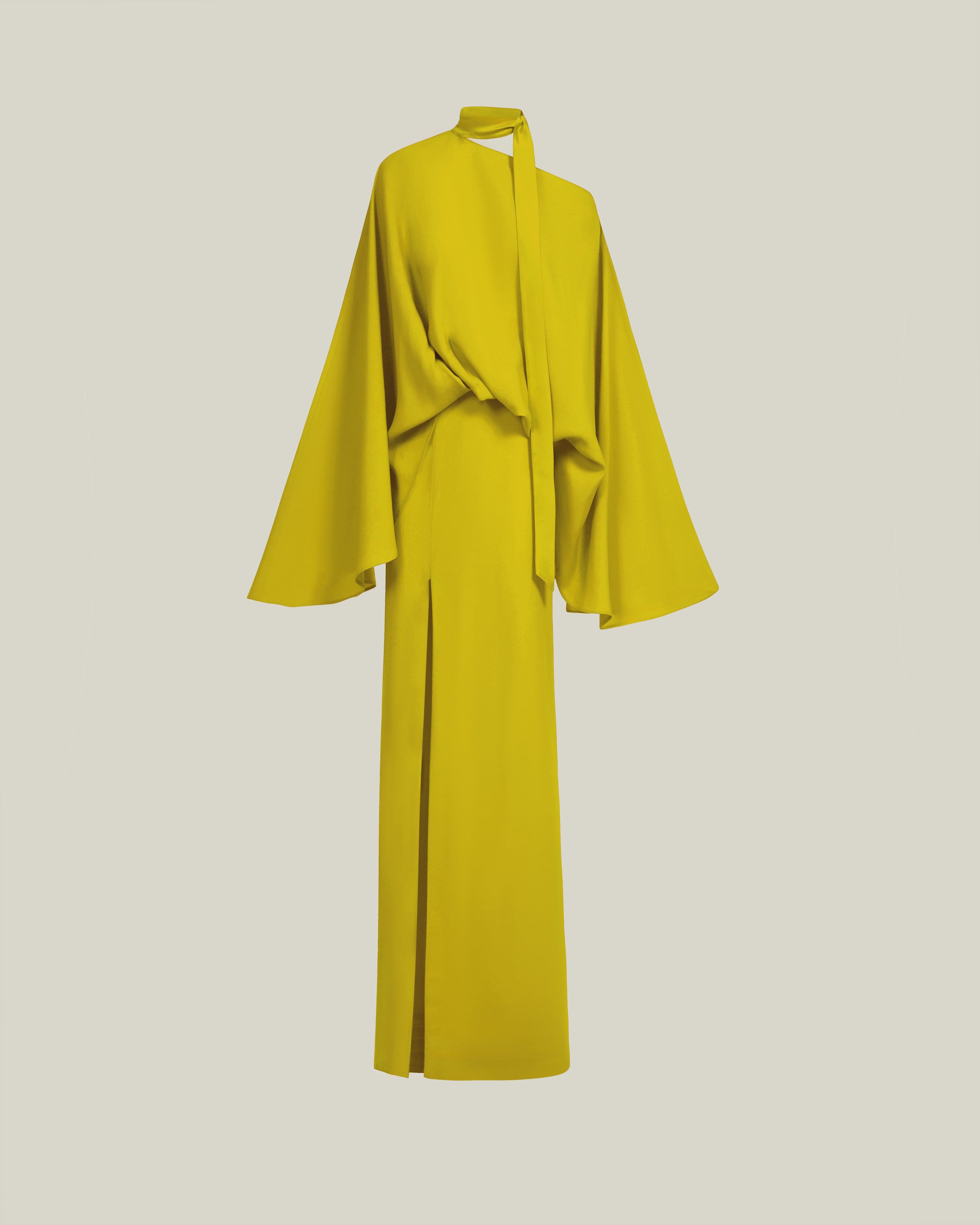 Brooks Dress in Acid Yellow - Crepe cady cold shoulder blouson dress with slit
