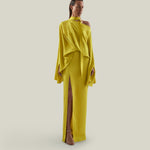 Brooks Dress in Acid Yellow - Crepe cady cold shoulder blouson dress with slit