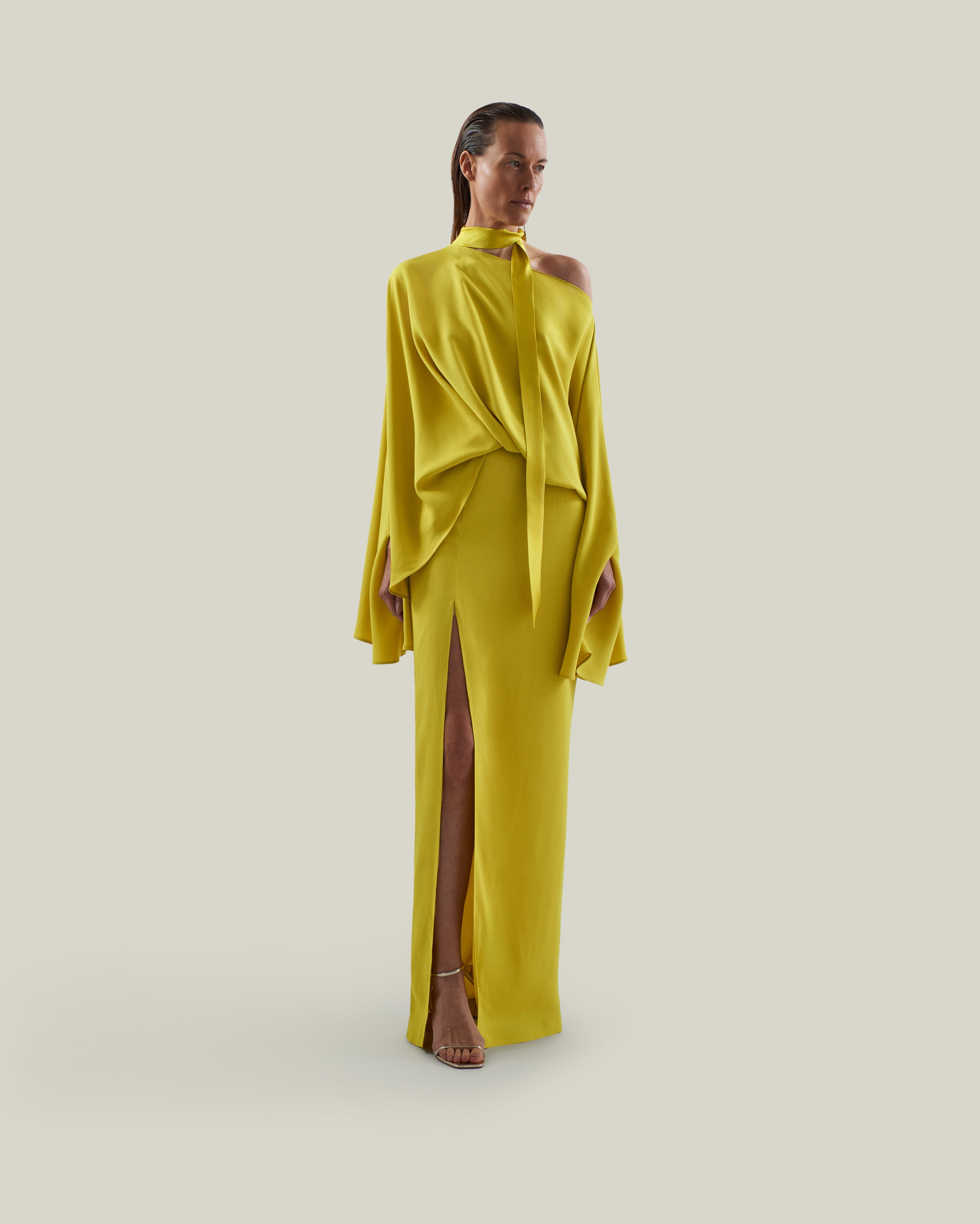 Brooks Dress in Acid Yellow - Crepe cady cold shoulder blouson dress with slit