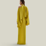 Brooks Dress in Acid Yellow - Crepe cady cold shoulder blouson dress with slit